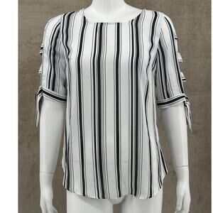 Iz Byer Top Womens Small White Black Stripe Sheer Cage Tie Sleeves Office Casual